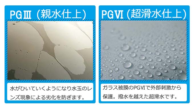PG3(親水仕上)水がひいていくようになり水玉のレンズ現象による劣化を防ぎます,PG6(超滑水仕上)ガラス被膜のPG6で外部刺激から保護。撥水を越えた超滑水です。